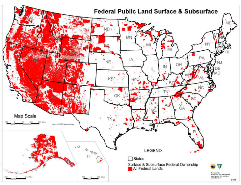 The red areas are federally-owned lands. Nationwide, 28 percent of land is owned by the federal government. In the West, it's closer to 50 percent.