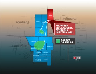 Map of the proposed wastewater injection well, relative to drill sites where the brine is generated. 