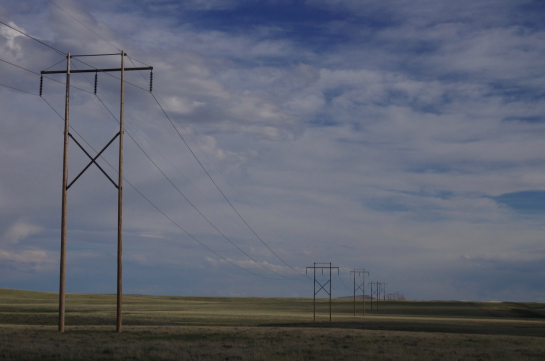 Power transmission lines march across the Shirley Basin in central Wyoming.