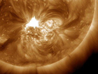 A solar flare erupting from the sun on July 12, 2012. When the cloud of particles got here, over the period of July 14-16, millions of people got to see beautiful aurora around the world. Fortunately, the worst of the storm missed earth, sparing our electric grid.