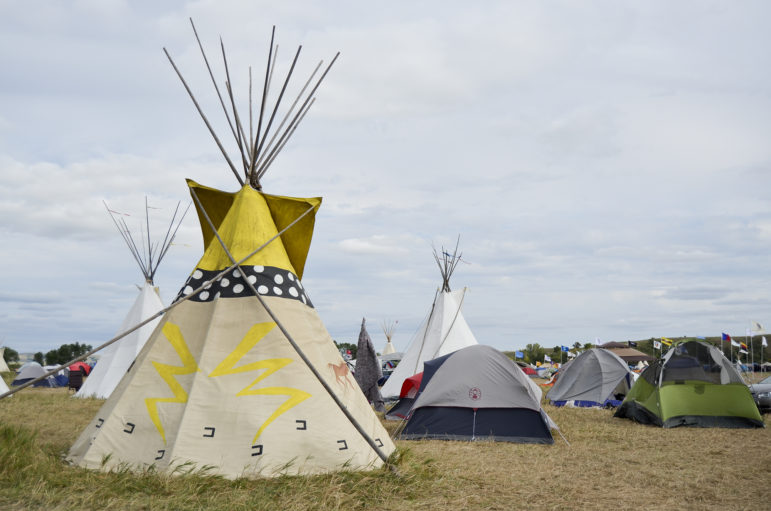 People continue to camp in tepees and tents along the Cannonball River in North Dakota to protest the Dakota Access Pipeline. The oil pipeline is slated to cross through Army Corps of Engineers land about a mile from this camp.