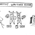 Comic: In the energy waiting room, nuclear power knits a scarf, transmission towers play poker, and a hydroelectric dam takes a nap.