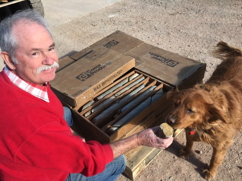 Tim Brown with his dog ruby showing me drill core from the Rattlesnake Hills