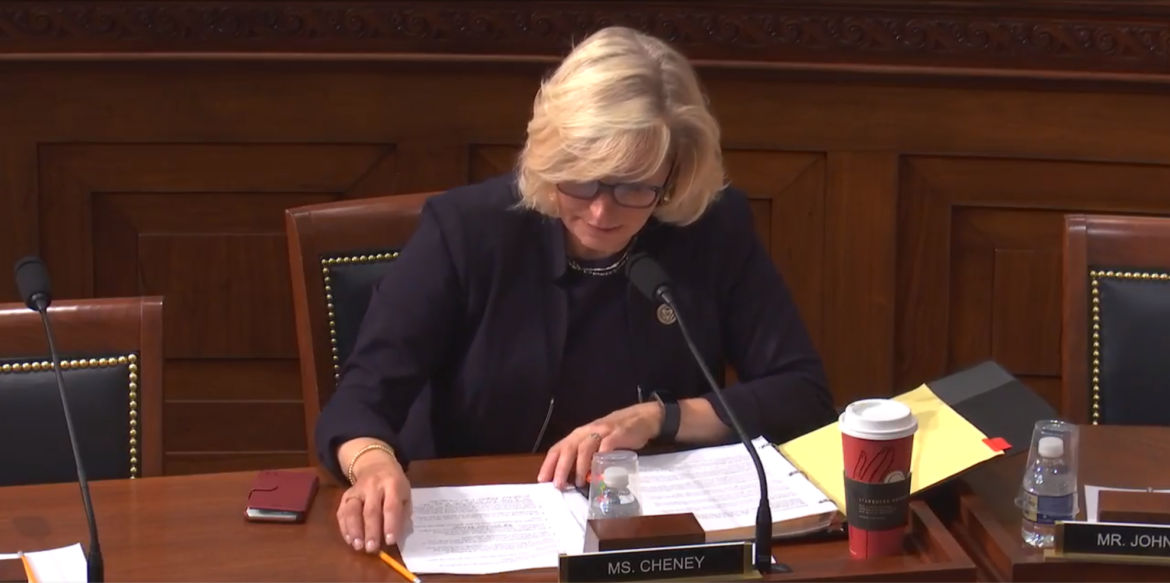 Screenshot of Congresswoman Liz Cheney speaking at the House Committee on Natural Resource 11/29/17 full committee mark-up live feed